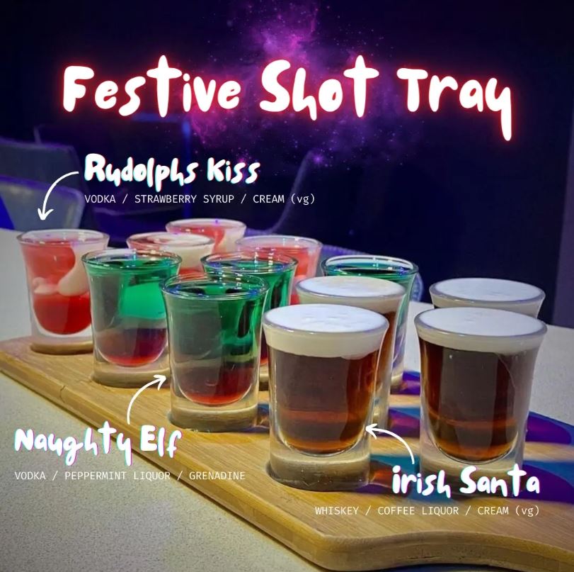 Festive shot tray with colourful drinks at Tipsy 303